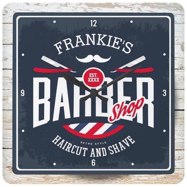Barbershop NAMN Haircut Shave Retro Barber Shop Fyrkantig Klocka (Skapare uppladdad)