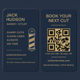 Barbershop Navy Blue Gold Barber Haircut QR Code Visitkort