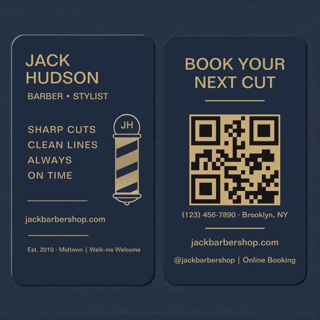 Barbershop Navy Blue Gold Barber Haircut QR Code Visitkort (Skapare uppladdad)