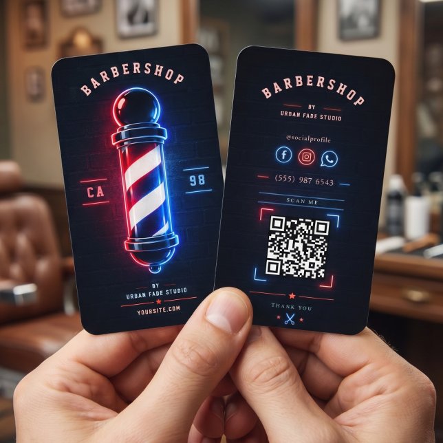 Barbershop Neon fet stil blå röd stolpe logotyp Visitkort (Skapare uppladdad)