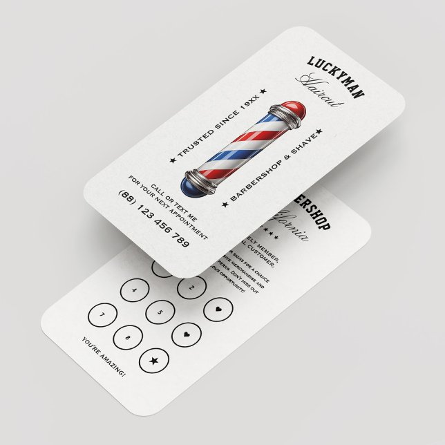 Barbershop Pole Rött vitt blått Loyalty White Visitkort (Barbershop Pole Red White Blue Loyalty White Business Card
)