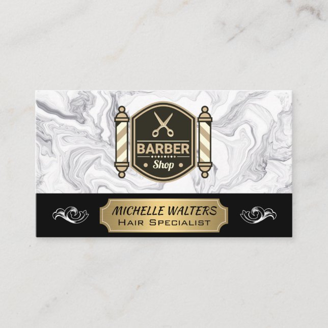 Barbershop Scissors | Barber Pole | Marble Visitkort (Framsida)