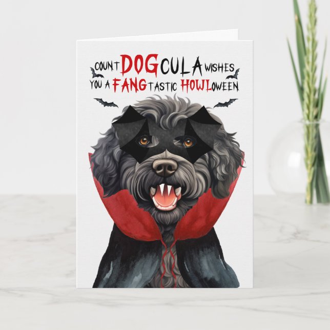 Barbet Hund Funny Count DOGcula Halloween Helgkort (Framsida)