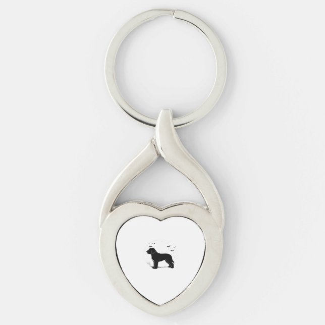 Barbet Hund - Halloween Måne Silhouette Oversized  Twisted Heart Silverfärgad Nyckelring (Framsidan)
