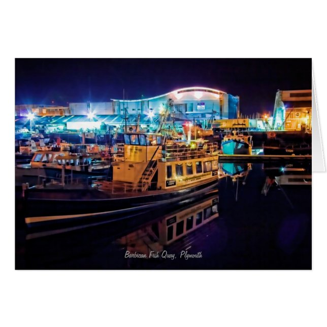 Barbican Fish Quay by Night - blank notelet OBS Kort (Framsidan Horizontal)