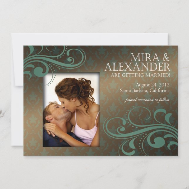 Barbizon Damask Scroll - brun|teal Bröllop Inbjudningar (Framsida)