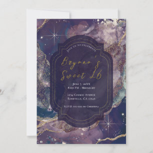 Bärblå Akvarell Guld Celestial Sweet 16 Inbjudningar