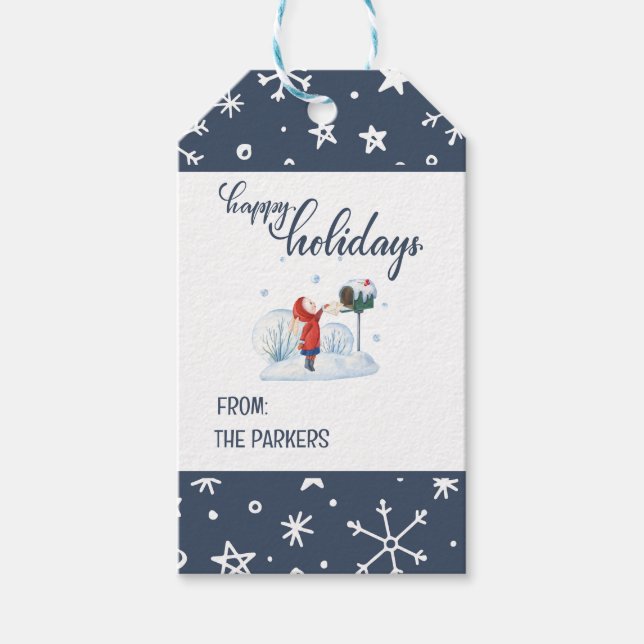 Bärblå snöflinga julklappsmärken presentetikett (Framsidan)