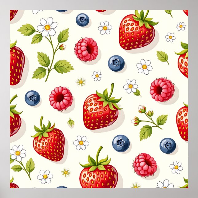 Bärblomster Mönster Färska Sommarfrukter Poster (Framsidan)
