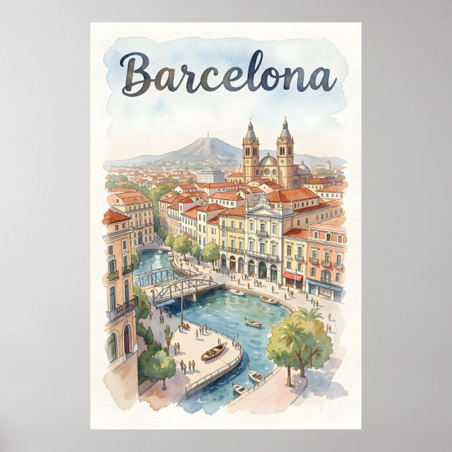 Barcelona akvarell konst poster (Framsidan)