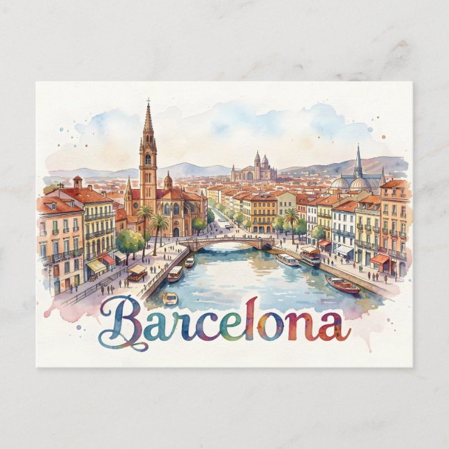 Barcelona akvarell konst vykort (Framsida)