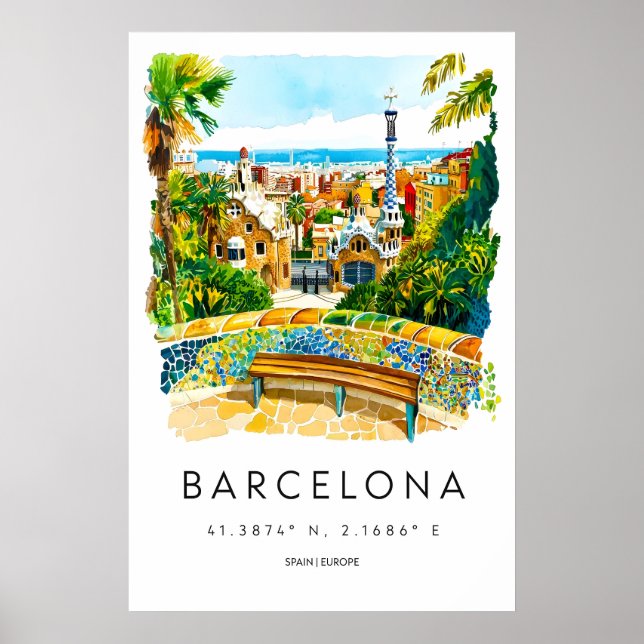 Barcelona Akvarell Poster Barcelona Resa Tryck (Framsidan)