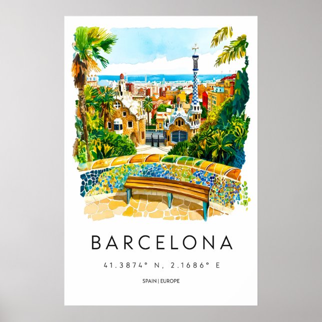 Barcelona Akvarell Poster Barcelona Resa Tryck (Framsidan)