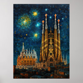 Barcelona Basilica Sagrada Família Starry Night Poster