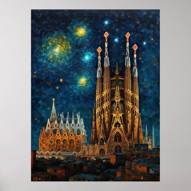 Barcelona Basilica Sagrada Família Starry Night Poster (Framsidan)