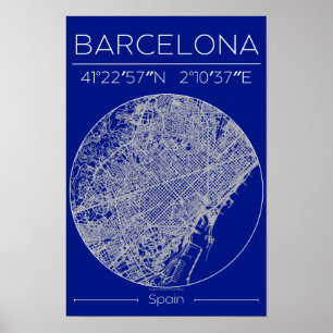 Barcelona Blue Print Stadskarta Affisch – Minimal