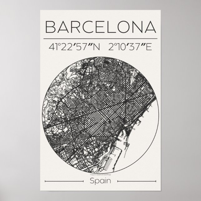 Barcelona Charcoal City Map Poster Minimal Europe (Framsidan)