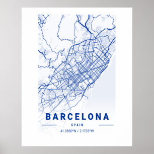 Barcelona City Karta Blue Poster