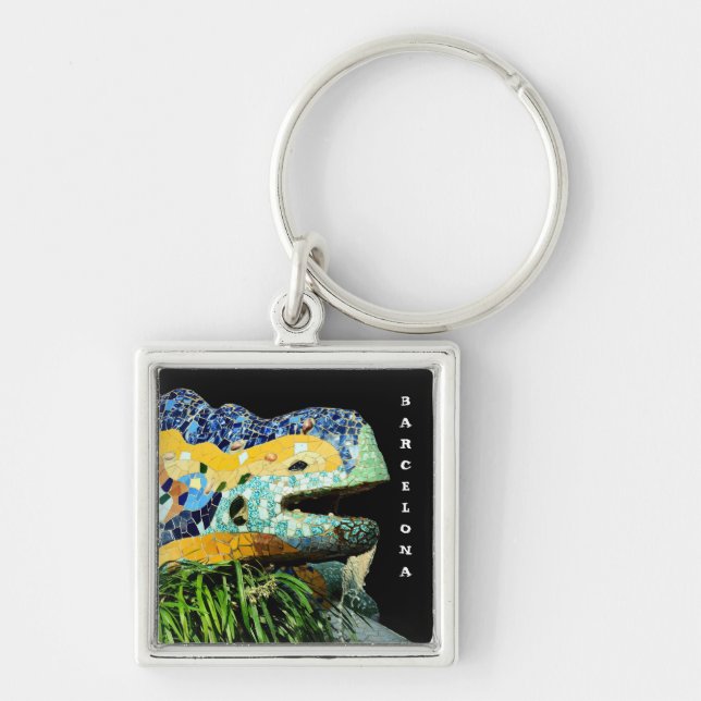 Barcelona Gaudi - ödlan, Spanien - stad Fyrkantig Silverfärgad Nyckelring (Framsidan)
