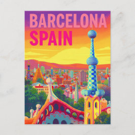 Barcelona Gaudi Solnedgång Retro Vykort