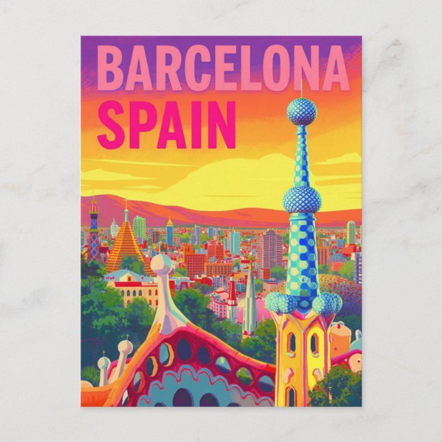 Barcelona Gaudi Solnedgång Retro Vykort (Framsida)