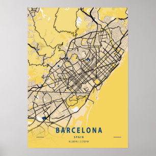 Barcelona - Gulten Spanien Karta Poster