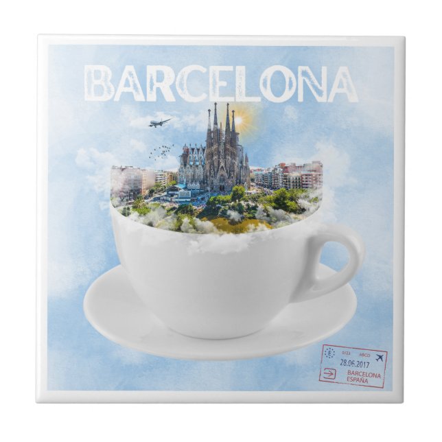 Barcelona i Tekopp - Sagrada Familia Skyline Kakelplatta (Framsidan)