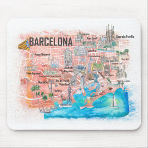 Barcelona illustrerad resa Karta med vägar Musmatta