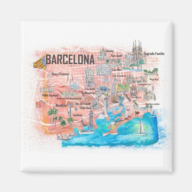 Barcelona illustrerade resandet Karta med vägar Magnet (Framsidan)