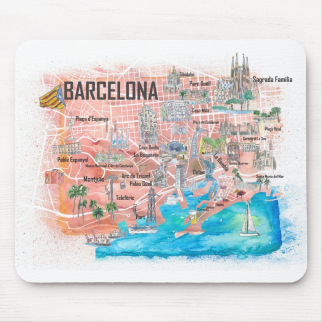 Barcelona illustrerade resandet Karta med vägar Musmatta (Framsidan)