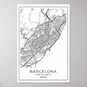 BARCELONA Karta - Svart och Vita Karta Poster