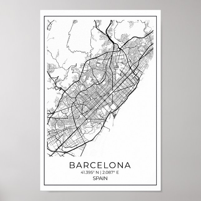 BARCELONA Karta - Svart och Vita Karta Poster (Framsidan)