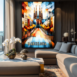 Barcelona Kubistisk Soluppgång – Geometrisk Stadsm Poster
