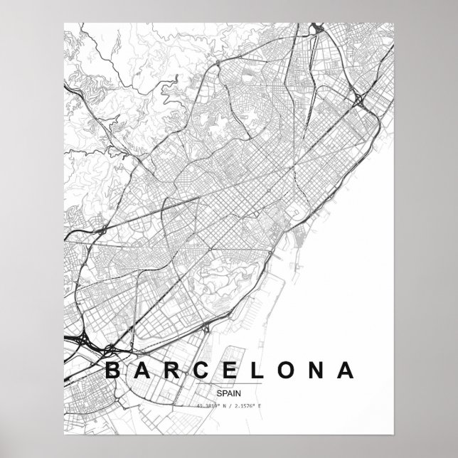 Barcelona Minimalistisk Karta (Svart & Vitt) Poster (Framsidan)