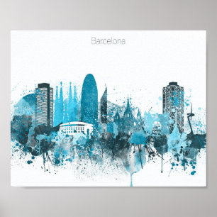 Barcelona Monokrom Blue Skyline Poster
