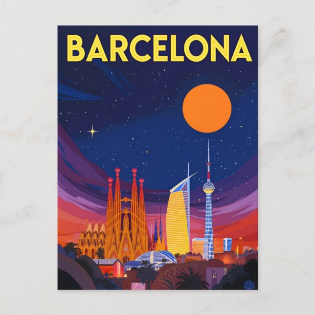 Barcelona Night Skyline Sagrada Familia Vykort (Framsida)