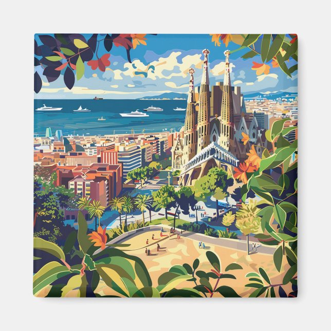 Barcelona, Park Guell, Sagrada Familia, Imán, Souv Magnet (Framsidan)