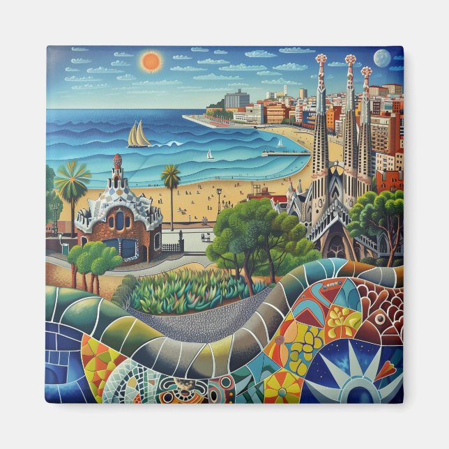 Barcelona, Park Guell, Sagrada Familia, Imán, Souv Magnet (Framsidan)