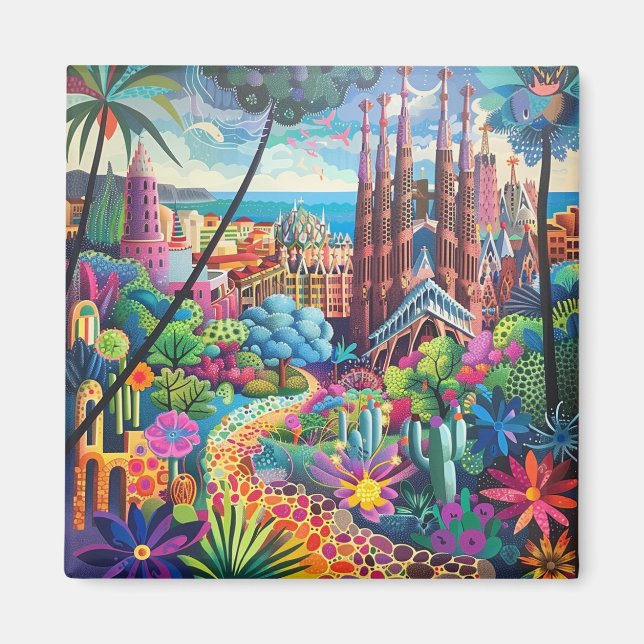 Barcelona, Park Guell, Sagrada Familia, Souvenir Magnet (Framsidan)