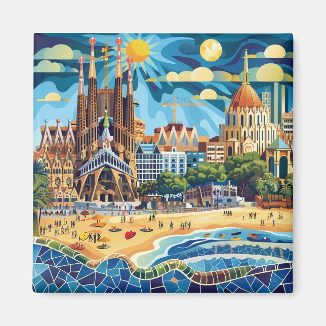 Barcelona, Park Guell, Sagrada Familia, Souvenir Magnet (Framsidan)