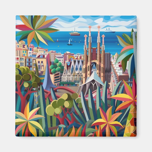 Barcelona, Park Guell, Sagrada Familia, Souvenir Magnet (Framsidan)