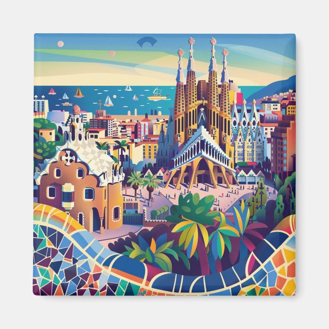 Barcelona, Park Guell, Sagrada Familia, Souvenir Magnet (Framsidan)