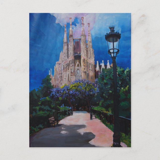 Barcelona Sagrada Familia med park och lykta Vykort (Framsida)