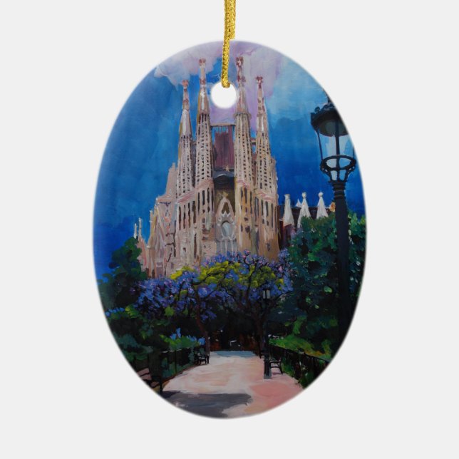 Barcelona Sagrada Familia med parkerar och lyktan Julgransprydnad Keramik (Framsidan)