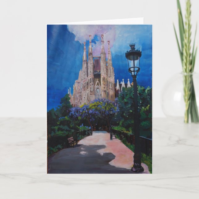 Barcelona Sagrada Familia med parkerar och lyktan Kort (Framsida)