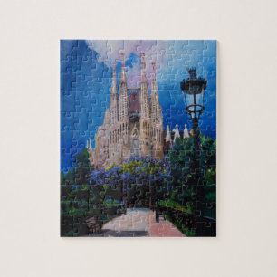 Barcelona Sagrada Familia med parkerar och lyktan Pussel