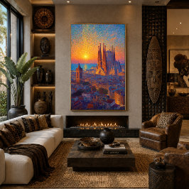 Barcelona Sagrada Familia Punktillism Solnedgång K Poster