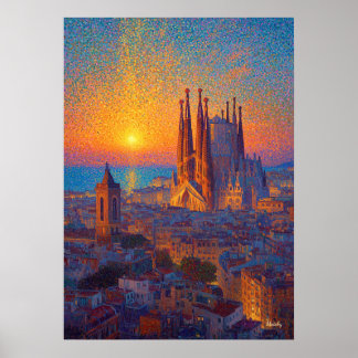 Barcelona Sagrada Familia Punktivism Solnedgång Ko Poster