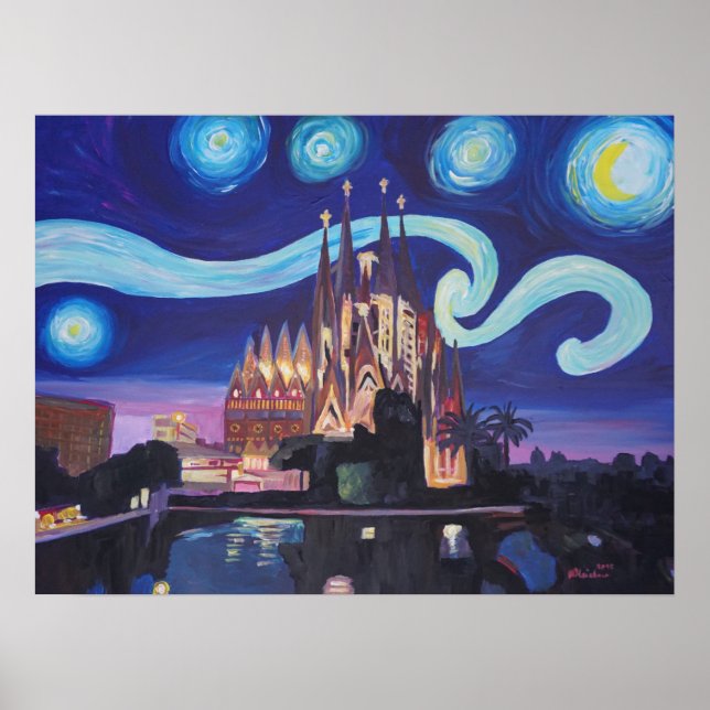 Barcelona Sagrada Familia Starry night Poster (Framsidan)