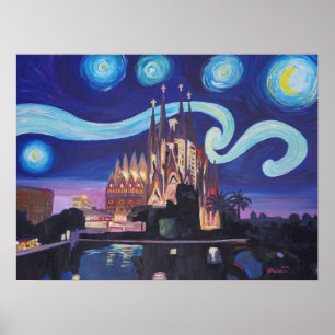 Barcelona Sagrada Familia Starthidnatt Poster